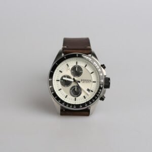 Steel chronograph watch with a brown leather strap